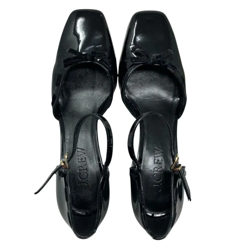 J Crew Maisie Bow Heels Black Patent Leather Mary Jane Block Heel CP058 Womens 7